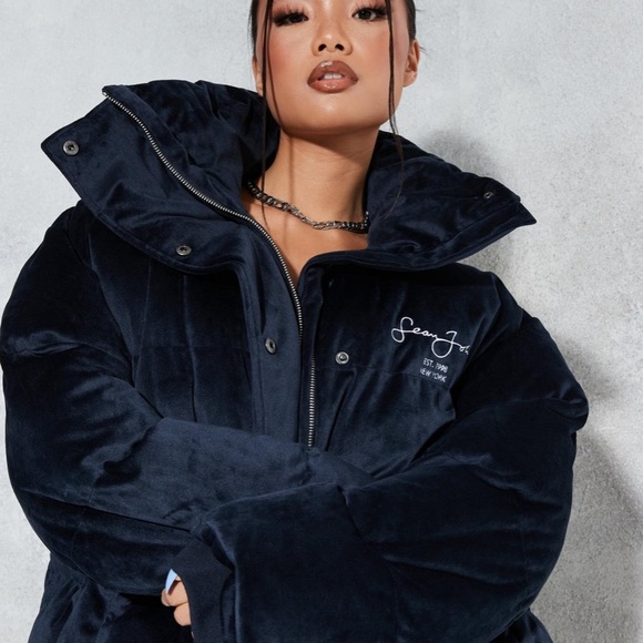 sean john x missguided navy premium velour oversized puff-a coat - Picture 5 of 7